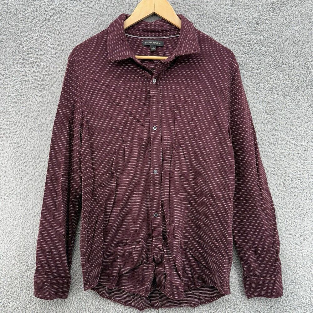 Banana Republic Men L Red Micro Spotted Wool Blend Button‎ Up Long Sleeve Shirt